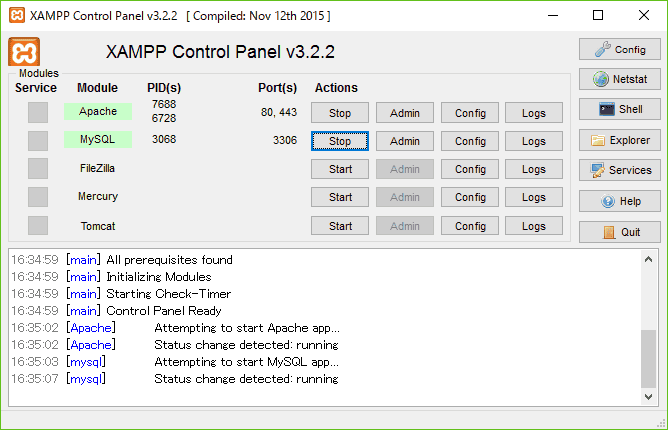 まず、XAMPPコントロールパネルを開きます。そして、ApachとMySQLをStartします。