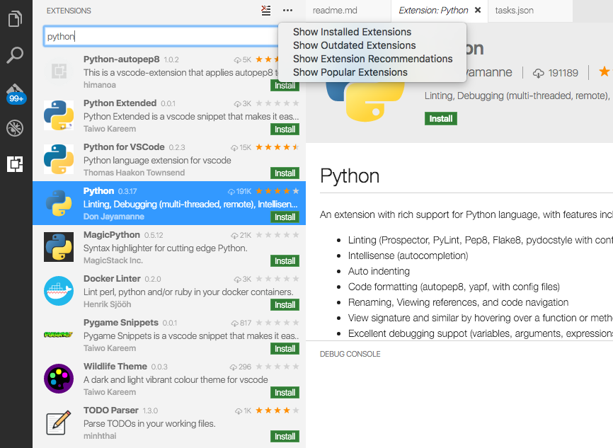 『Python』と入力すると、Python言語拡張のリストが表示されます