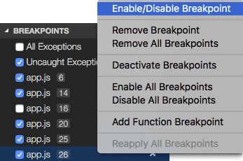 細かいブレークポイントの制御（有効/無効/再適用）は、Debug viewのBREAKPOINTSの項目で行うことができます。