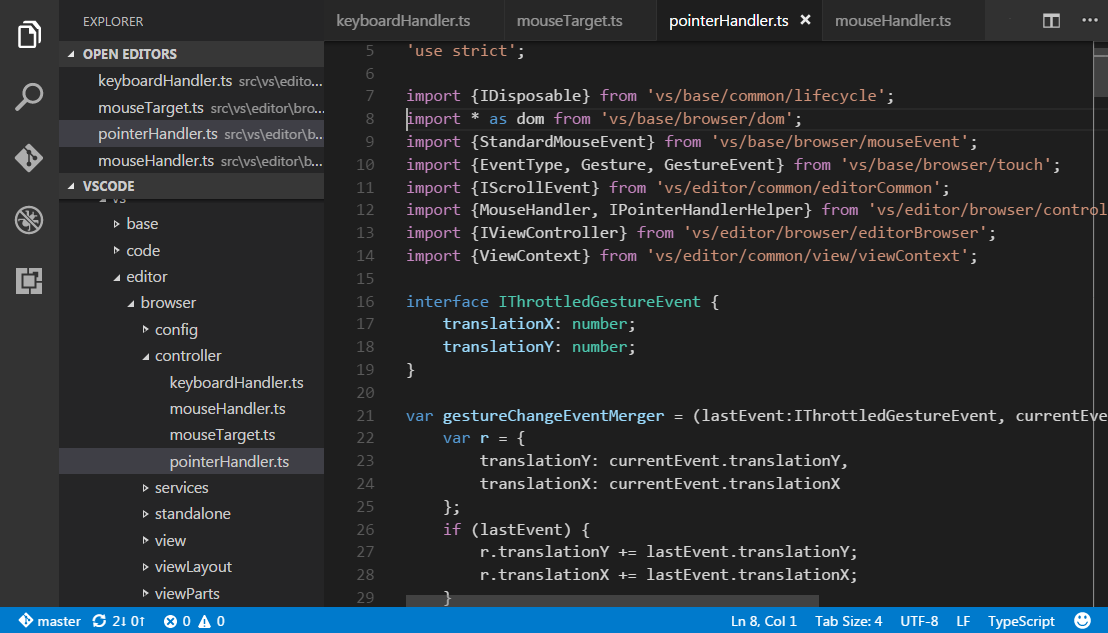 Visual Studio Codeは、エディタの上のタイトル領域にタブ（タブ付きの見出し）と開いた項目を表示します。