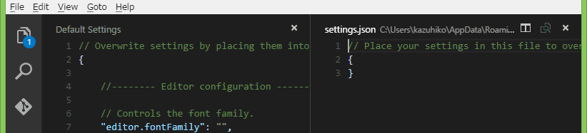 「Default Settings」と「settings.json」が並べて表示されます。