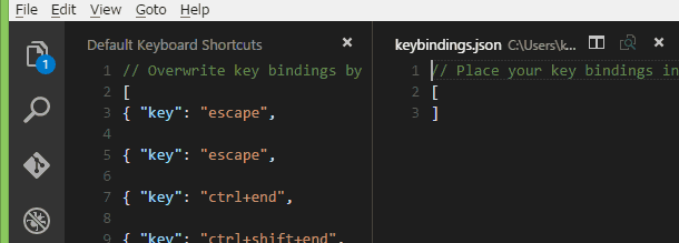 「Default Keyboard Shortcuts」と「keybinding.json」が並べて表示されます。