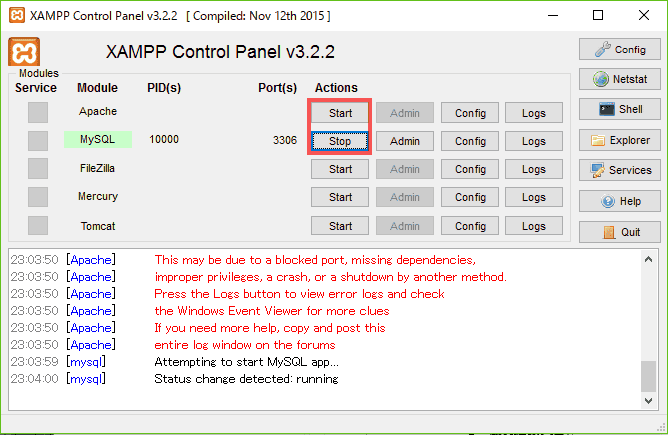 XAMPPコントロール・パネルが表示されます。ApachとMySQLをStartします。