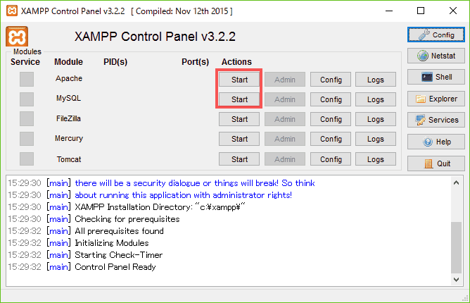 改めて、XAMPPコントロール・パネルを起動します。赤文字の警告が表示されていません。改めて、ApacheとMySQLを起動します。